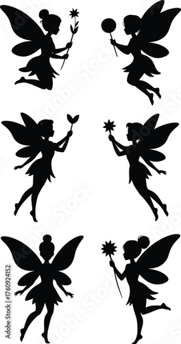 Collection of silhouettes of a fairy. Isolated on white 