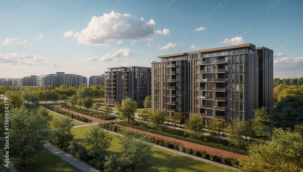 Obraz premium Contemporary Apartments with Scenic Green Pathway