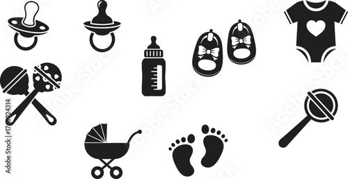 Baby care essentials in black and white vector illustration design