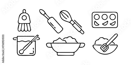 Baking and pastry outline icon set – linear style cooking, baking tools, and dessert preparation symbols: dough, mixing bowl, rolling pin, whisk, timer, oven, cake decorating.