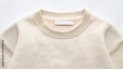 Close-up of a cream-colored crewneck sweatshirt with a blank tag