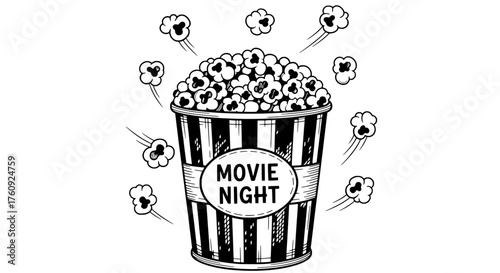 Classic hand-drawn black and white illustration of an overflowing striped popcorn bucket, perfect for a cozy movie night experience, representing fun and cinematic indulgence