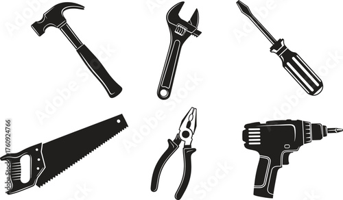 Black and white illustration of a set of construction tools