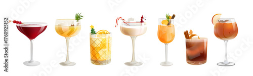 New Year and Christmas set of 7 cocktails on a white background. Vector illustration.