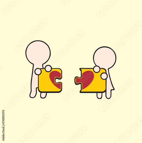 Vector design of a cartoon costume of a couple trying to put together a puzzle with a heart on it, very cute and suitable to be used as a picture on a t-shirt.