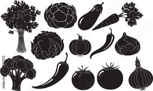 Black and White Silhouette of Various Vegetables Isolated on White Background