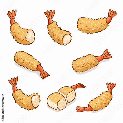 Flat Style Delicious Crispy Fried Shrimp Tempura Japanese Food Illustration