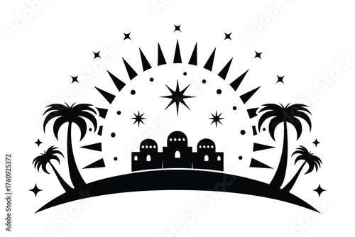 Black silhouette shows Middle Eastern city under the star shining brightly with palm trees