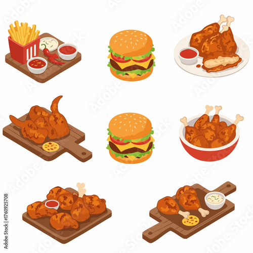 Isometric Detailed Fast Food Illustration Collection Featuring Chicken and Burgers