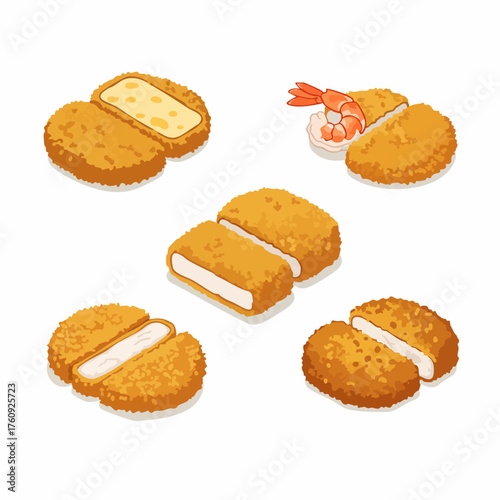 Isometric Style Detailed Fried Cutlet Food Collection Isolated Illustration