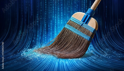 a broom sweeping away digital data in the form of binary code symbolizing cleaning or purging of data in a technology or cybersecurity context