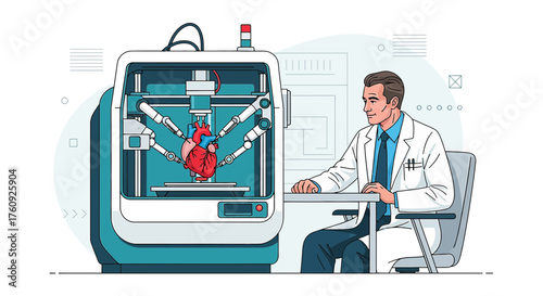 Illustration showcasing a doctor observing a 3D printer creating a human heart for medical