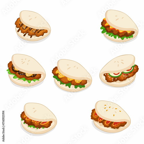 Flat Illustration Delicious Asian Gua Bao Steam Bun Food Set