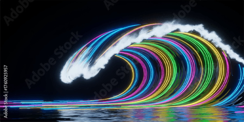 Futuristic wave lines of bright colorful light and energy create a vibrant abstract rainbow design in the dark night space