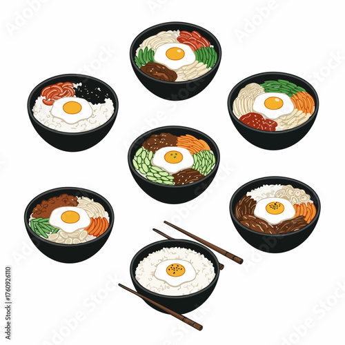 Colorful Isometric Bibimbap Bowl Variety Asian Food Illustration