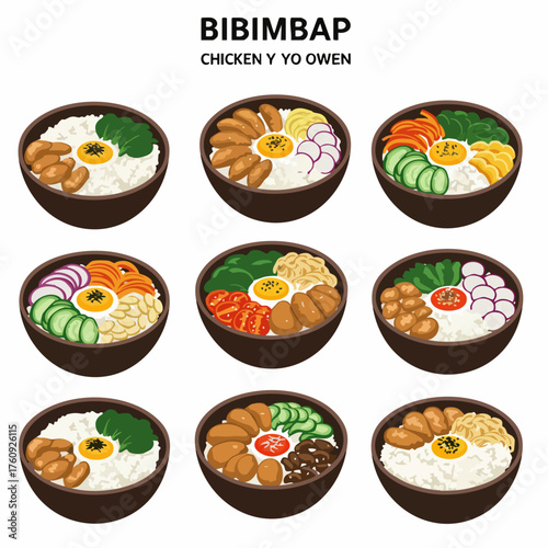 Handdrawn Colorful Korean Bibimbap Bowls with Various Toppings Illustration Set