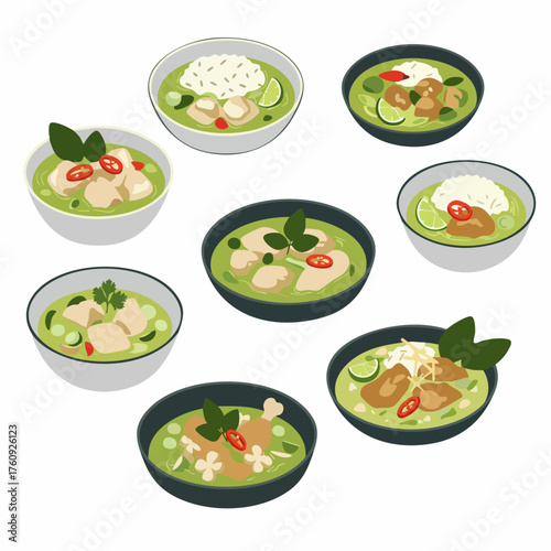Flat Illustration Various Green Curry Dish Asian Delicious Food Meals