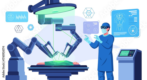 Illustrative depiction of robotic surgery with a surgeon using augmented reality interface for