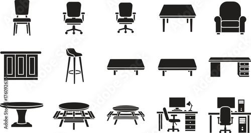 Black Silhouette Illustration of Various Furniture for Home or Office Use