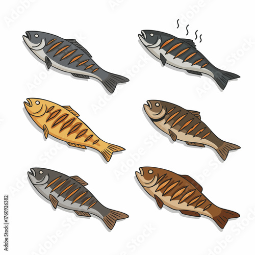 Hand Drawn Assorted Grilled Fish Food Menu Element Illustration