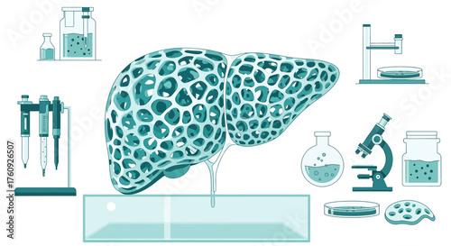 Innovative liver research concept with abstract cellular structure and laboratory equipment for