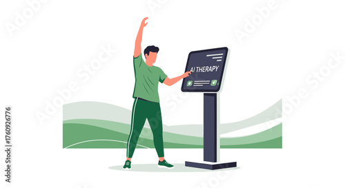 Man Engaging with AI Therapy Display for Personalized Fitness and Wellness Program