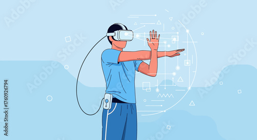 Man experiences virtual reality with headset technology in immersive simulation