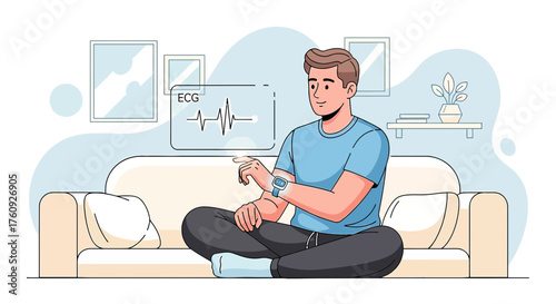 Man monitoring his heart rate using a smartwatch while relaxing at home health tracking concept