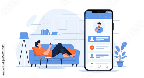 Man relaxing on couch using a mobile app connecting on social media platform