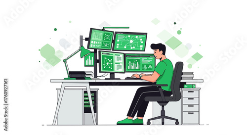 Man working on multiple monitors displaying data analysis and financial charts at his desk