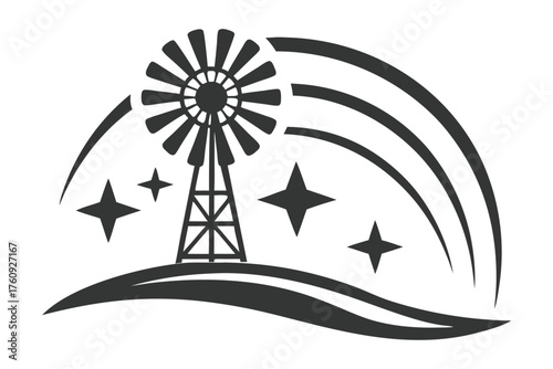 Black windmill silhouette stands on a hilltop with stars and stylized sky above