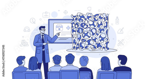 Medical professional presenting bone structure information to an attentive audience in an