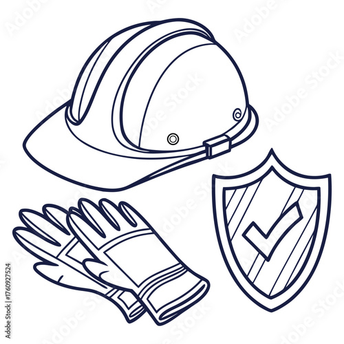 Safety Essentials: A line drawing of essential protective gear, including a hard hat, gloves, and a shield, symbolizing protection and security. 