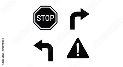Vactor illustration of road signs with stop sign, turn right, turn left and warning sign