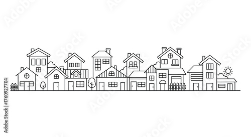 Vactor illustration of row of houses in a neighborhood, simple black line drawing