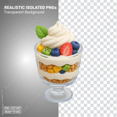 Fruit Parfait in Glass with Yogurt Layers Granola and Strawberry Blueberry Kiwi Mango Transparent PNG file ready to be used.