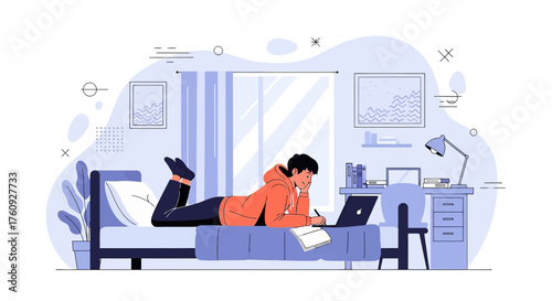 Modern illustration depicting a young man studying on bed with laptop and notebook
