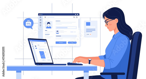 Professional woman working on a laptop analyzing data for business presentations and planning