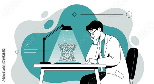 Scientist contemplates innovative 3D printed cellular structure design under bright desk lamp