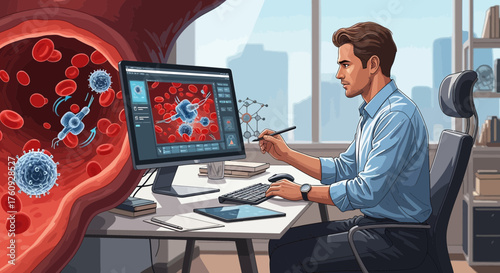 Scientist analyzing virus and blood cells on computer for research project