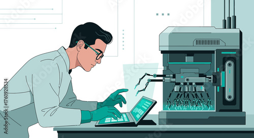 Scientist controlling automated laboratory equipment with laptop for advanced research