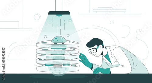 Scientist examining cell cultures in petri dishes under a sterile environment for research and