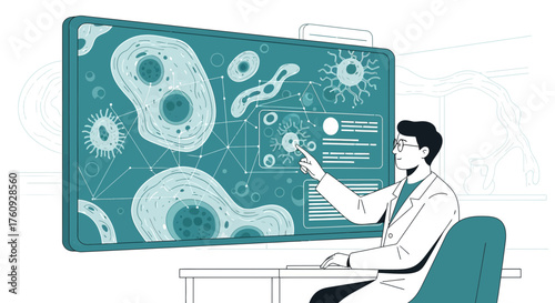 Scientist examining cellular biology on a screen with scientific data and research showing