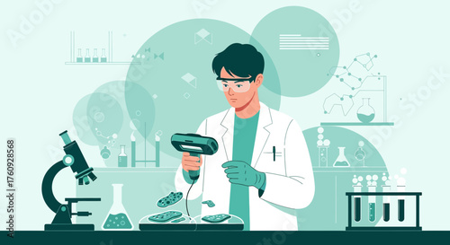 Scientist examining sample with handheld device in laboratory illustration for research and