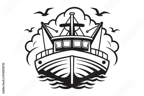 Detailed boat sailing on the sea with birds flying in the sky