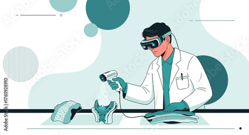 Scientist using augmented reality headset scanning 3D printed objects for quality assurance