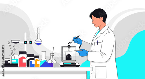 Scientist weighing powder substance for research in lab with laboratory equipment on table and