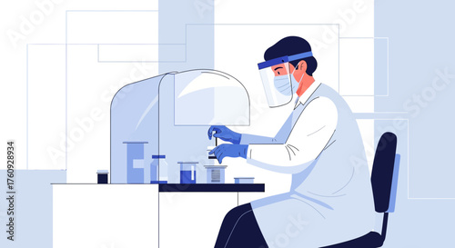 Scientist working in a laboratory with protective gear conducting research analysis