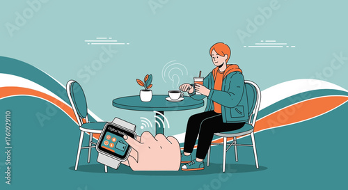 Seamless Transactions: A Young Man Uses Digital Wallet on Smartwatch at Cafe setting