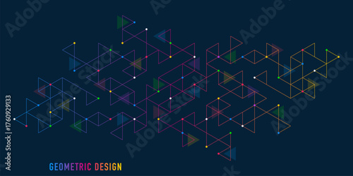 Abstract geometric triangular network with colorful dots on dark background